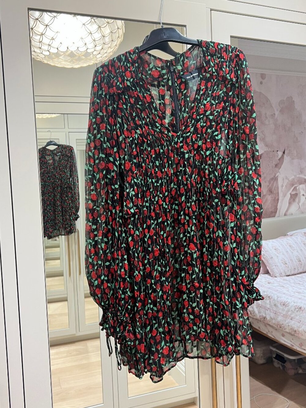 Kooples Black & Red Sheer Longed Sleeve Dress with Roses